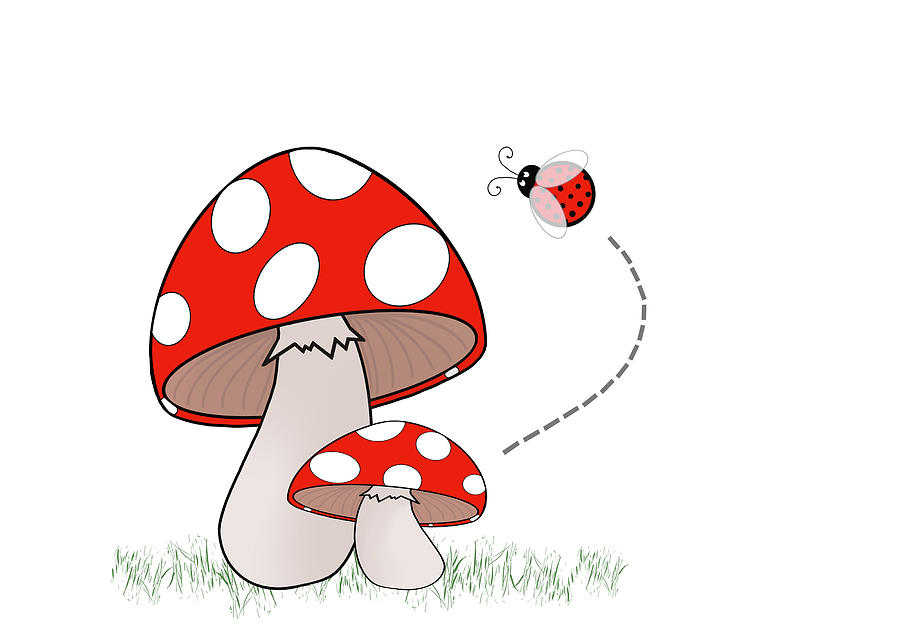 Hello said the Ladybug to the Mushrooms - Red Drawing by Patti Deters