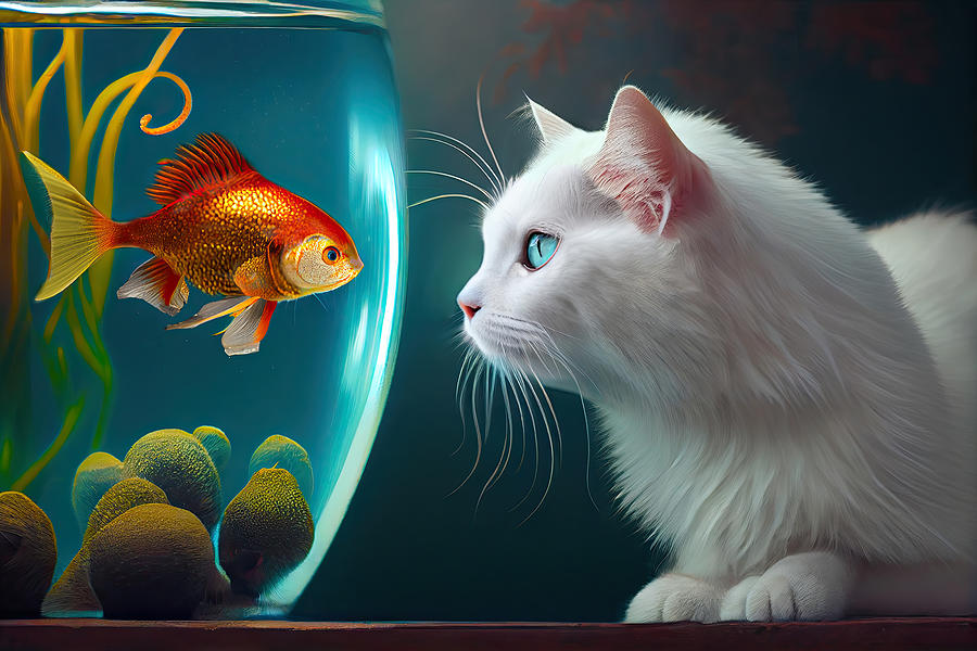 Hello - White Cat and Gold Fish Digital Art by Lily Malor