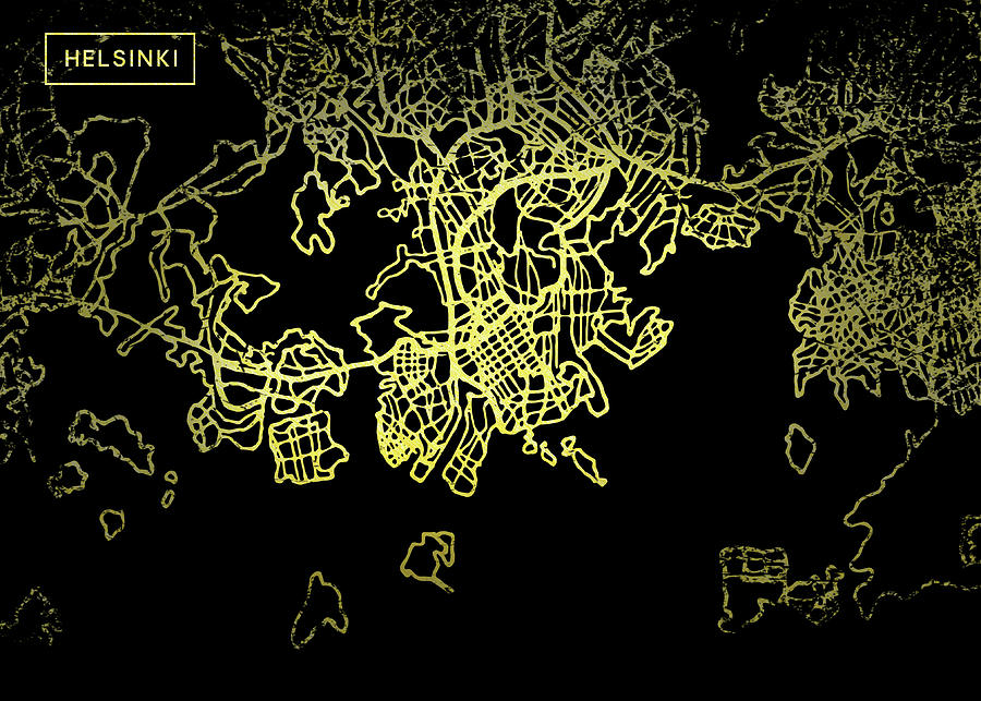 Helsinki Map in Gold and Black Digital Art by Sambel Pedes