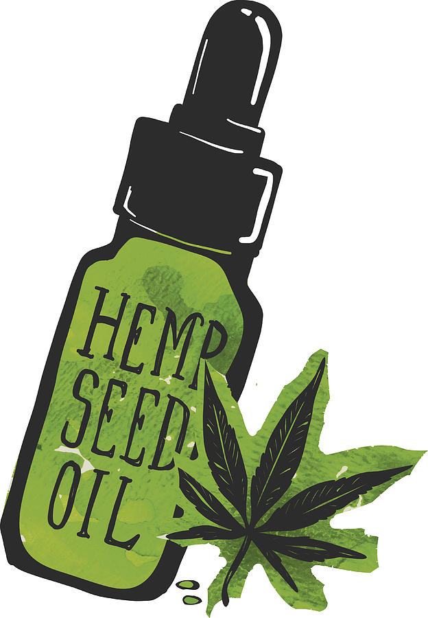 Hemp seed oil label and bottle with marijuana leaf Drawing by JDawnInk