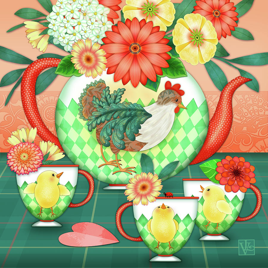 Hen and Chicks Come to Tea Digital Art by Valerie Drake Lesiak