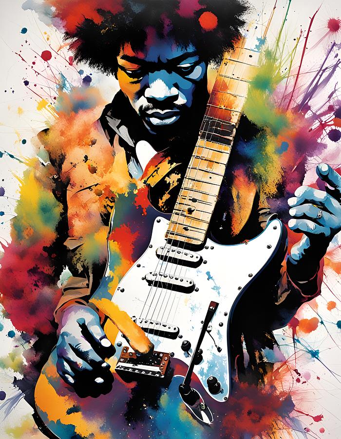 Hendrix Playing Guitar Painting