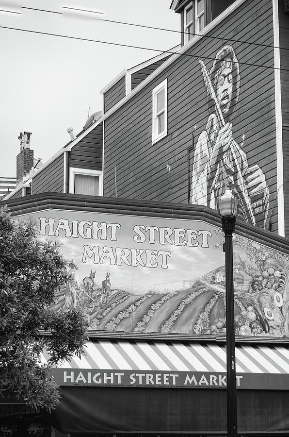 Hendrix Red House Overlooking Haight Street Market San Francisco Black and White Photograph by Shawn OBrien