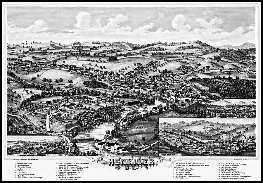 Henniker New Hampshire Vintage Map Birds Eye View 1889 Black and White ...