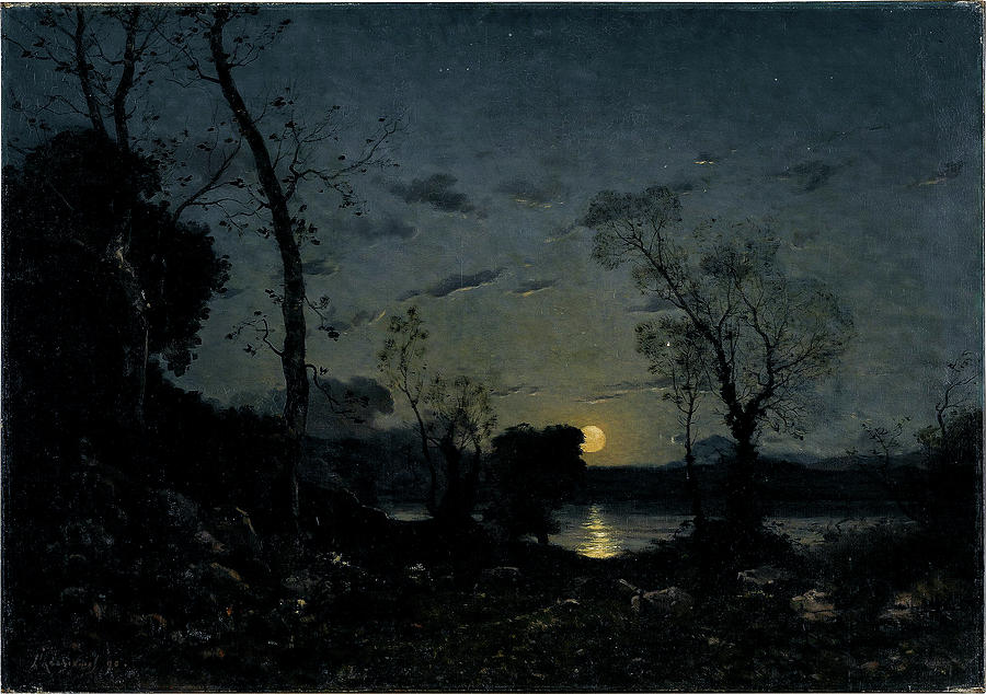 HENRI JOSEPH HARPIGNIES French 1819 1916 A MOONLIGHT LAKE Painting by ...