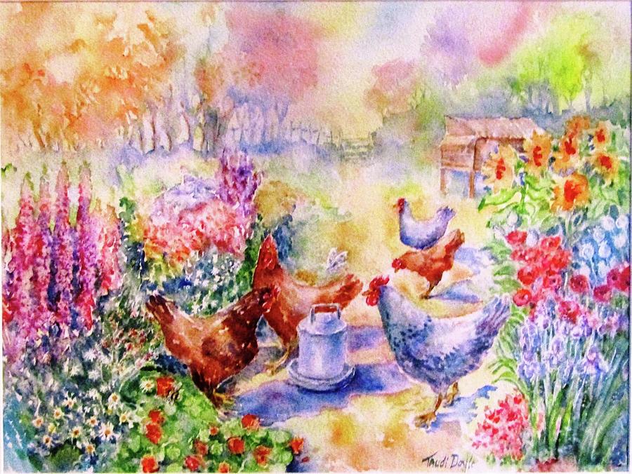 Hens in the Flower Garden  Painting by Trudi Doyle