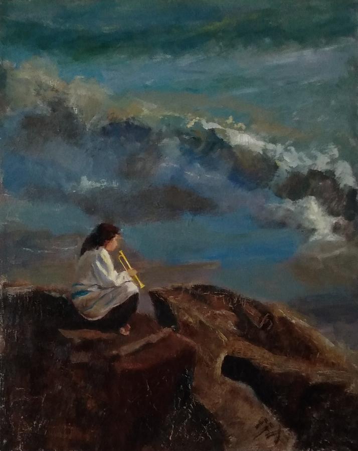 Her Trumpet and the Sea Painting by Irena Jablonski