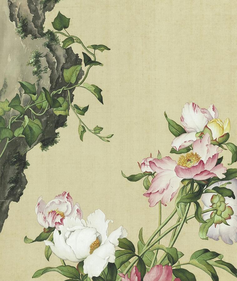 Herbaceous peonies - Chinese flower paintings Painting by Giuseppe Castiglione Lang Shining