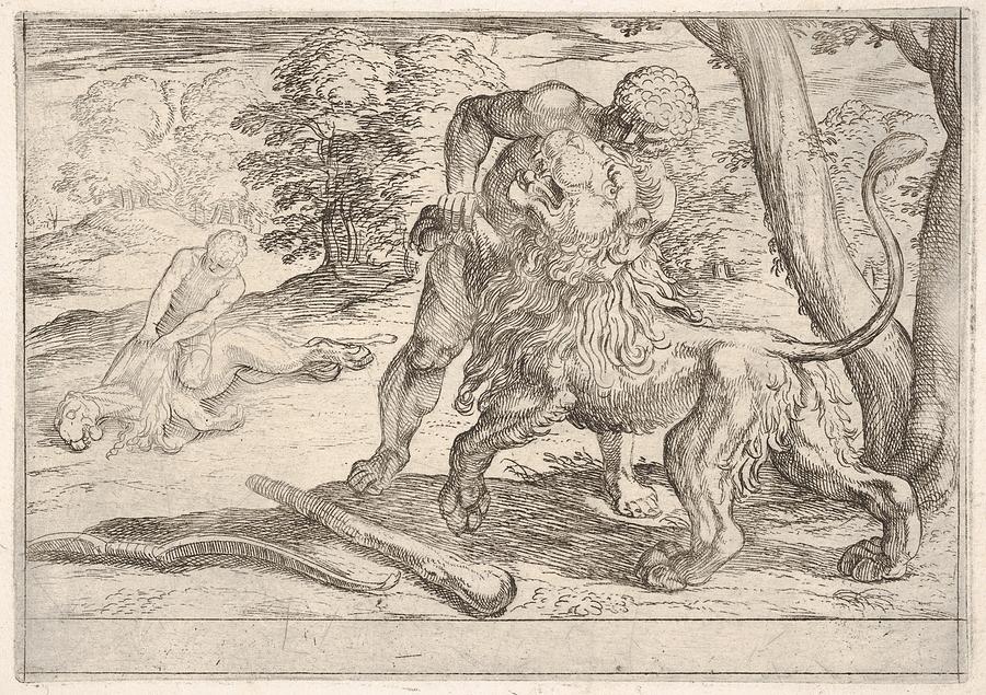 Hercules and the Nemean Lion Hercules grasps the front right leg of the ...