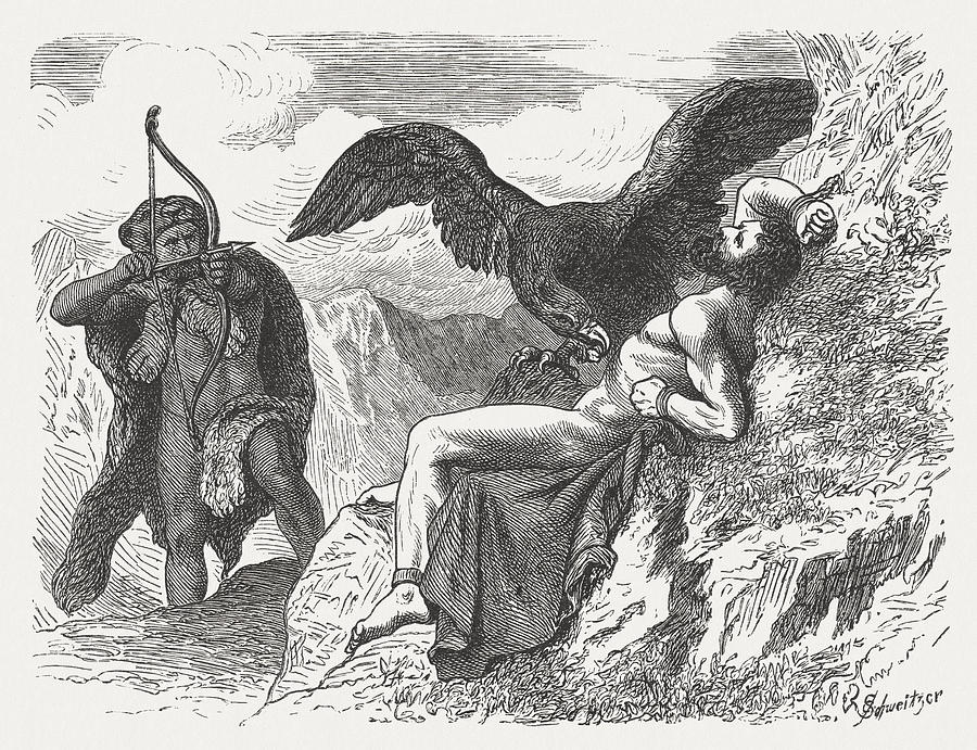 Hercules freeing Prometheus, Greek mythology, wood engraving, published in 1880 Drawing by Zu_09