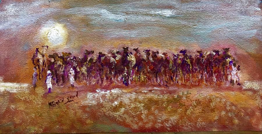 Herd in desert. Painting by Khalid Saeed