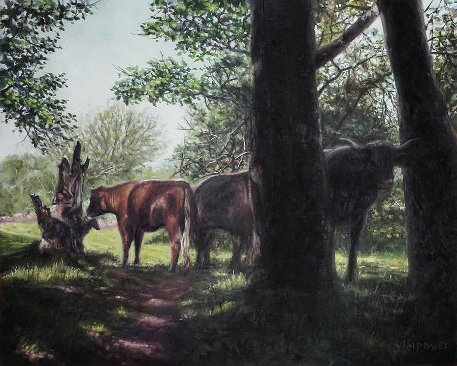 Herd of cattle in the New Forest countryside Painting by Martin Davey