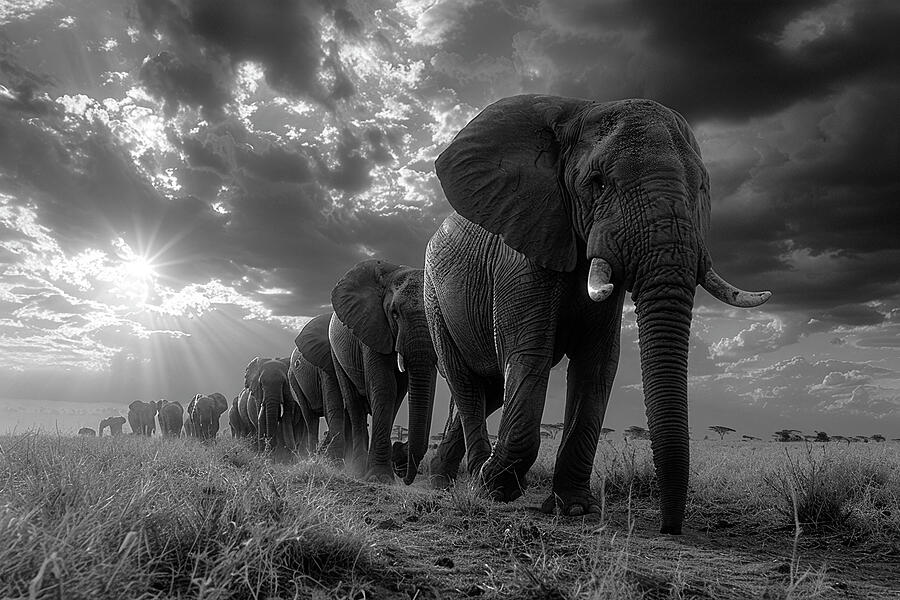 Wildlife Photograph - Herd of elephants walking in line at sunset in monochrome, with dramatic sky and sun rays. by David Mohn