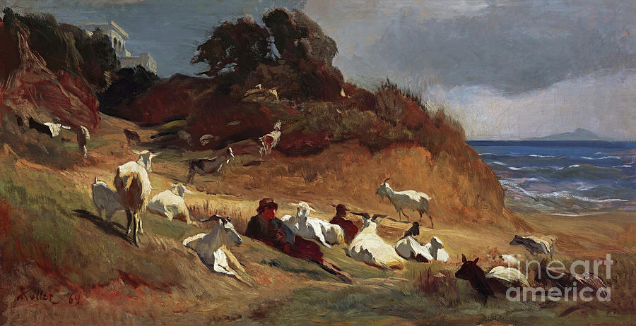Herd of Goats on Beach of Porto dAnzio Painting by Rudolf Koller