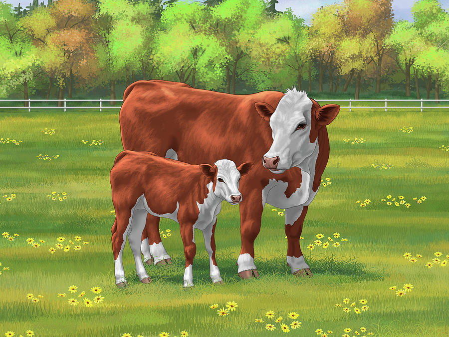 Cows Painting - Hereford Cow and Cute Calf in Summer Pasture by Crista Forest