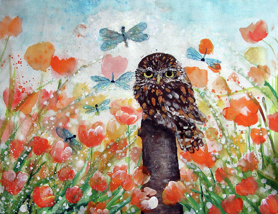 Heres Looking at YOU The Owl and the Dragonflies Painting by Ashleigh Dyan Bayer