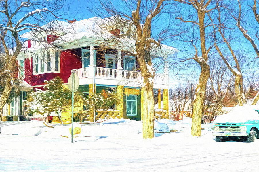 Heritage Mansion At Wintertime In Roundup, Montana - Pencil Colored Mixed Media by Tatiana Travelways