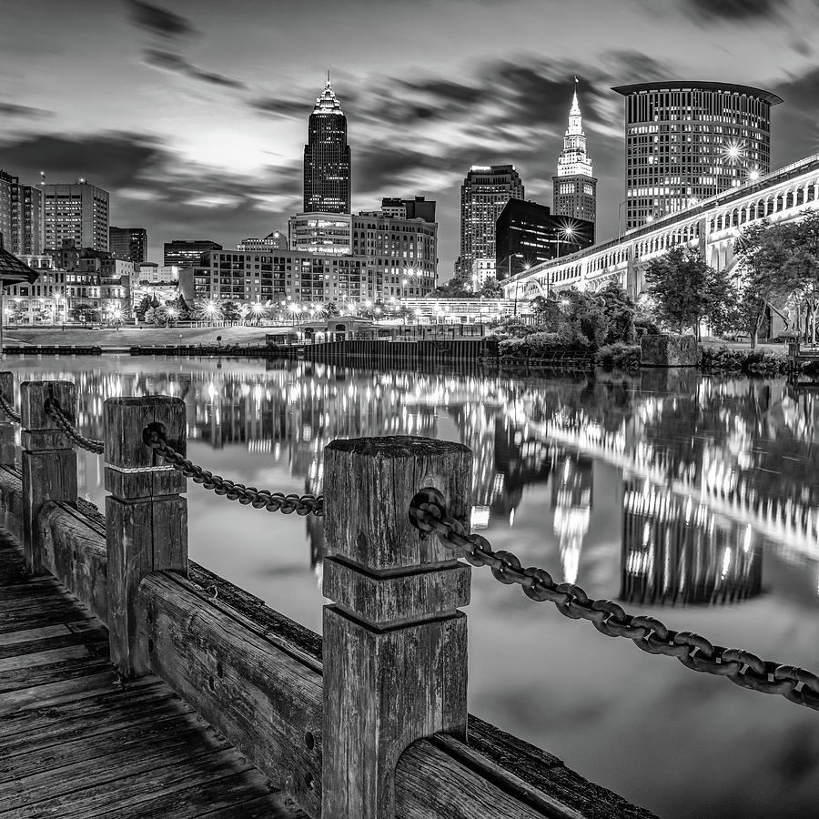 Cleveland Skyline Photograph - Heritage Park Riverfront View of The Cleveland Skyline - Black and White by Gregory Ballos