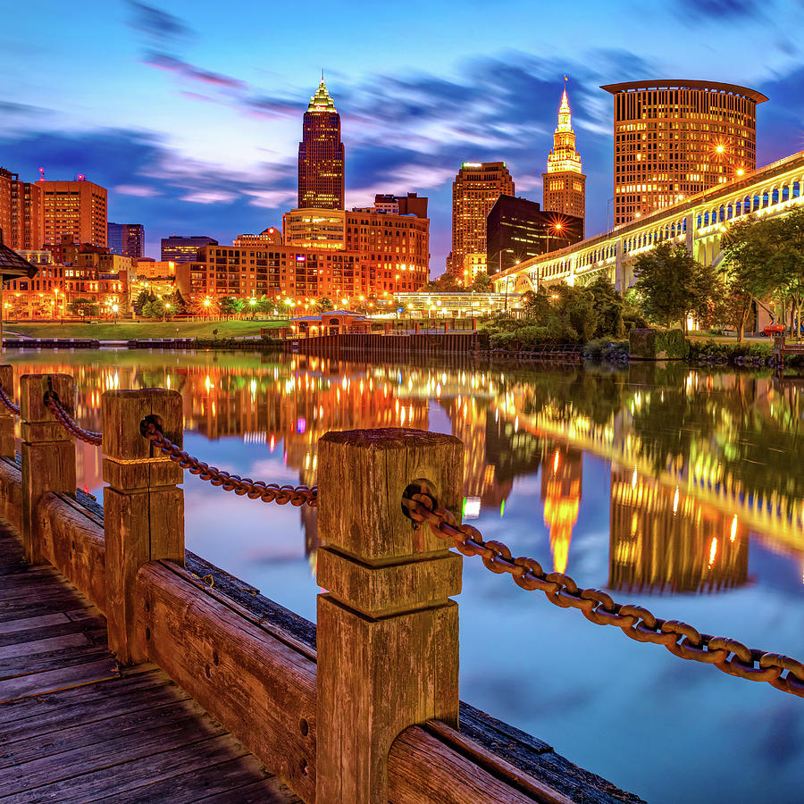 Cleveland Skyline Photograph - Heritage Park Riverfront View of The Cleveland Skyline by Gregory Ballos