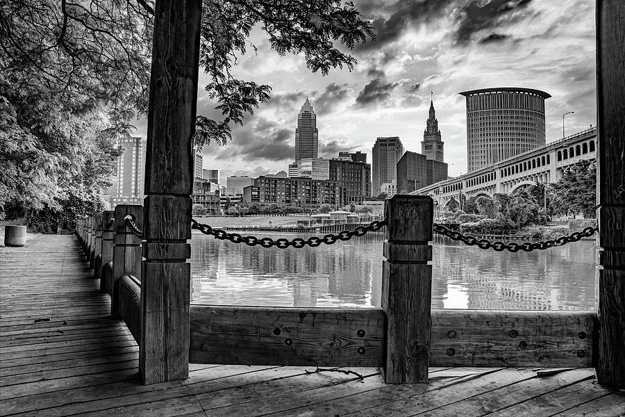 Black And White Photograph - Heritage Park View of Downtown Cleveland at Sunrise - Black and White by Gregory Ballos