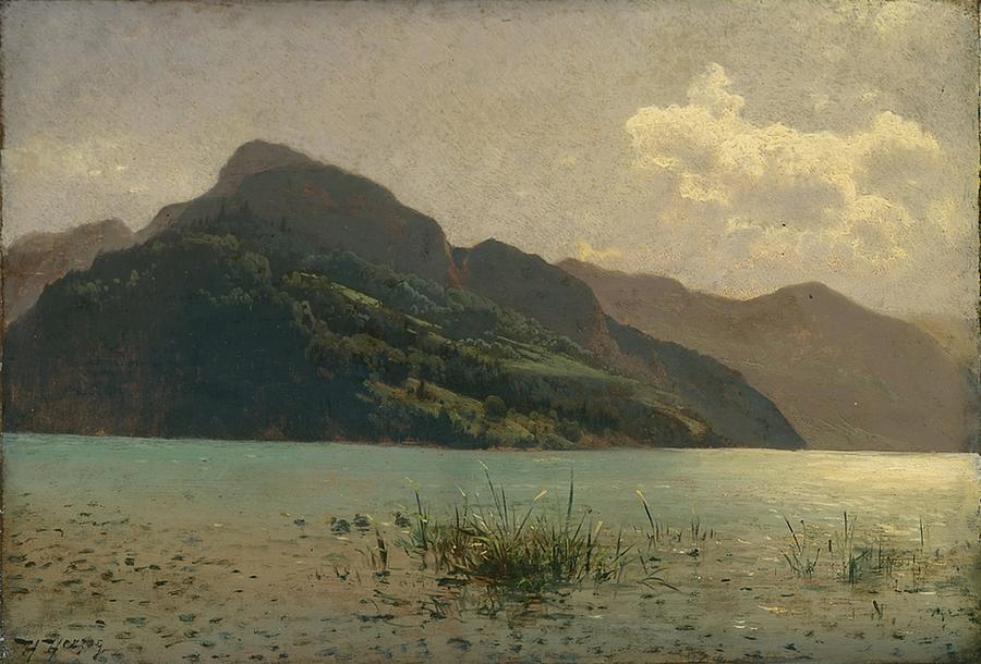 Vintage Painting - Hermann Ottomar Herzog - View of Lake Lucerne opposite Brunnen by Les Classics