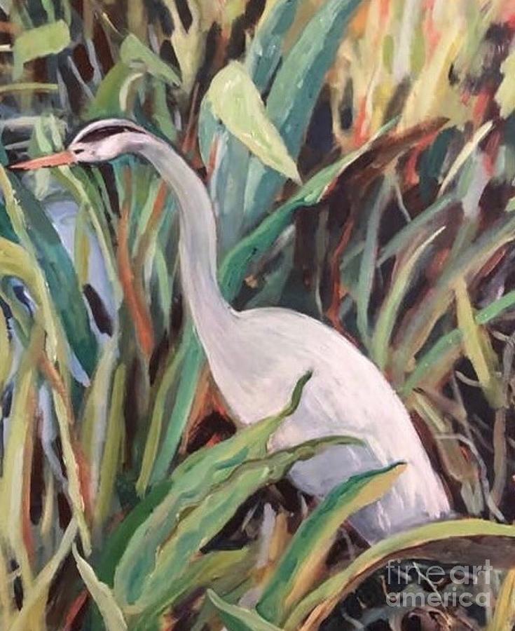Heron Painting - Heron Among Blades of Grass by Carolyn Alston Thomas