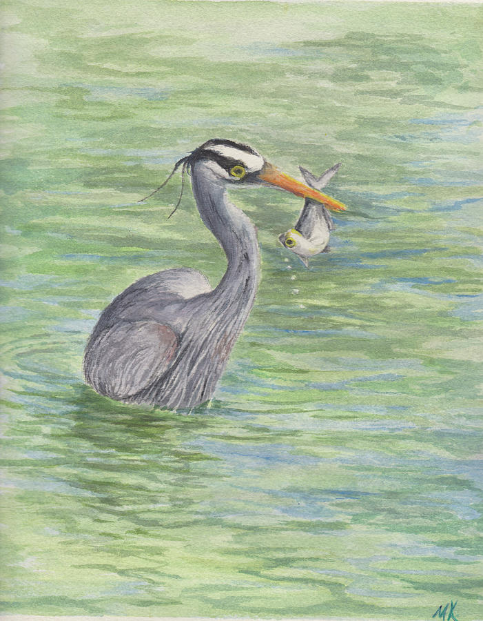 Heron Catching a Fish Painting by Melodie Kantner