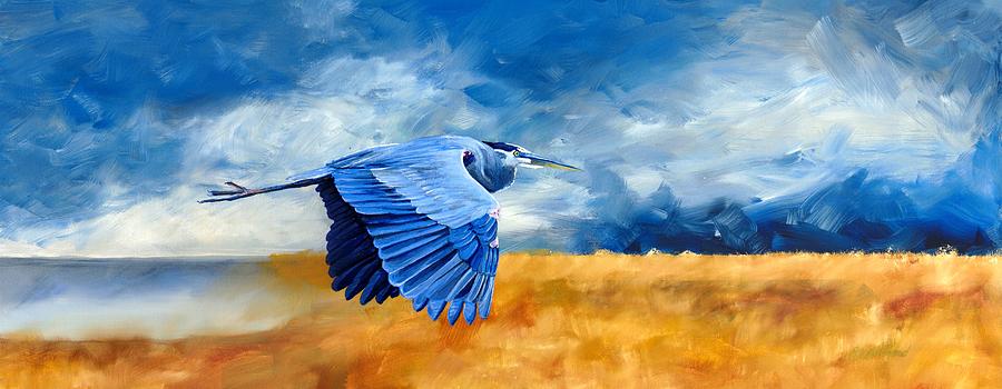 Heron Over Grassland Painting by R J Marchand
