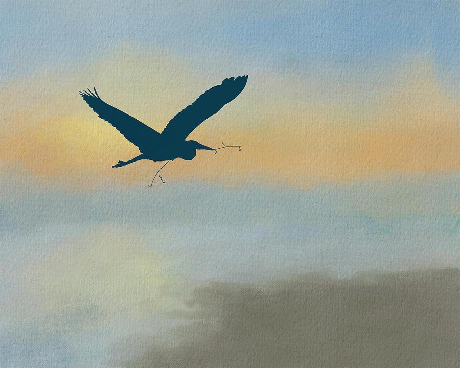 Heron Silhouette Flight on Watercolor Background Mixed Media by Patti Deters