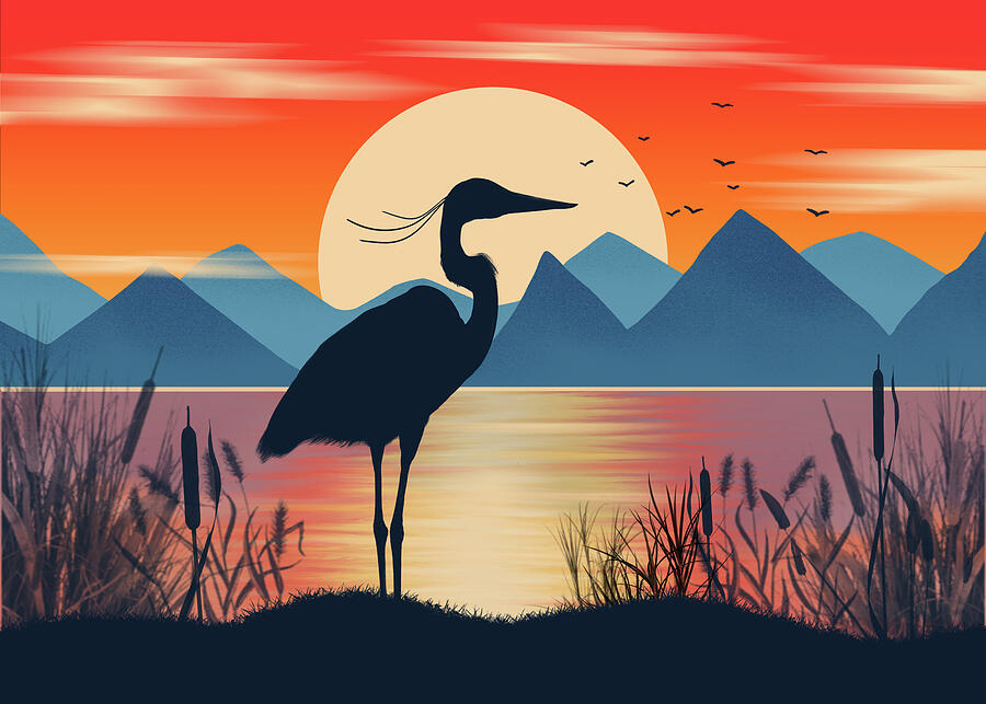 Heron Silhouette with Mountains at Sunset Drawing by Patti Deters