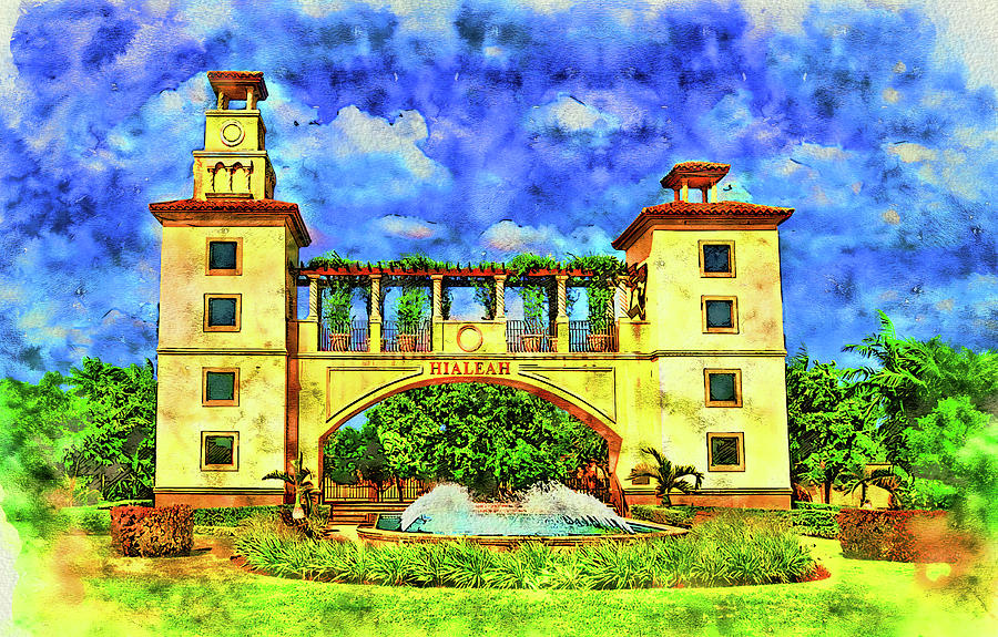 Hialeah Fountain and Entrance Plaza Park - pen and watercolor Digital Art by Nicko Prints