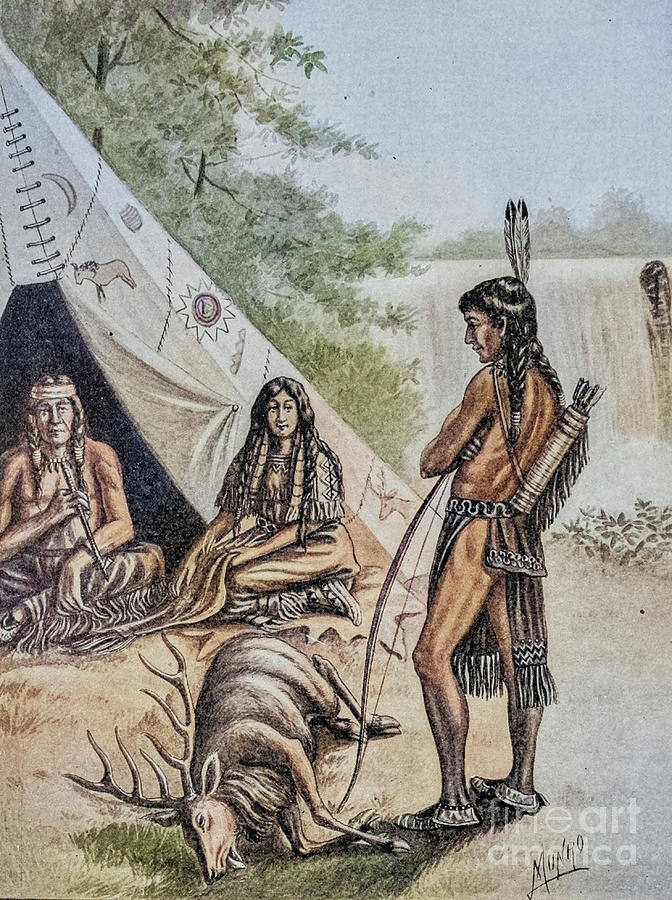 Hiawatha at the home of Minnehaha j1 Drawing by Historic Illustrations