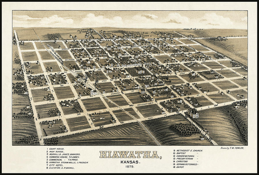 Hiawatha Kansas Vintage Map Birds Eye View 1879 Photograph by Carol Japp