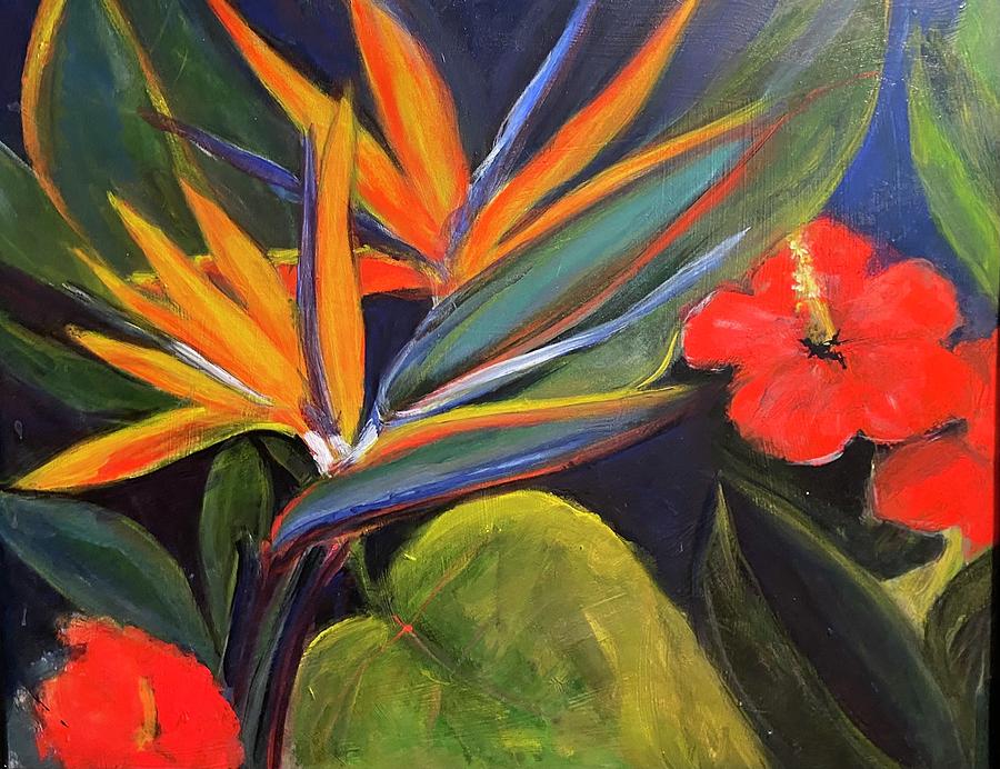 Hibiscus and Bird of Paradise Painting by Denice Palanuk Wilson
