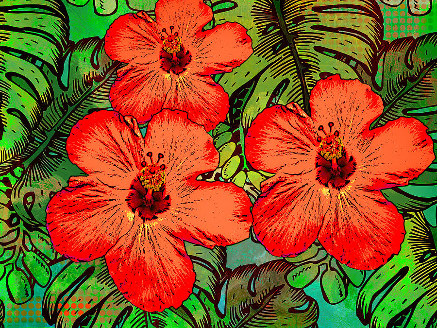 Hibiscus and Philodendrons Digital Art by Sandra Selle Rodriguez