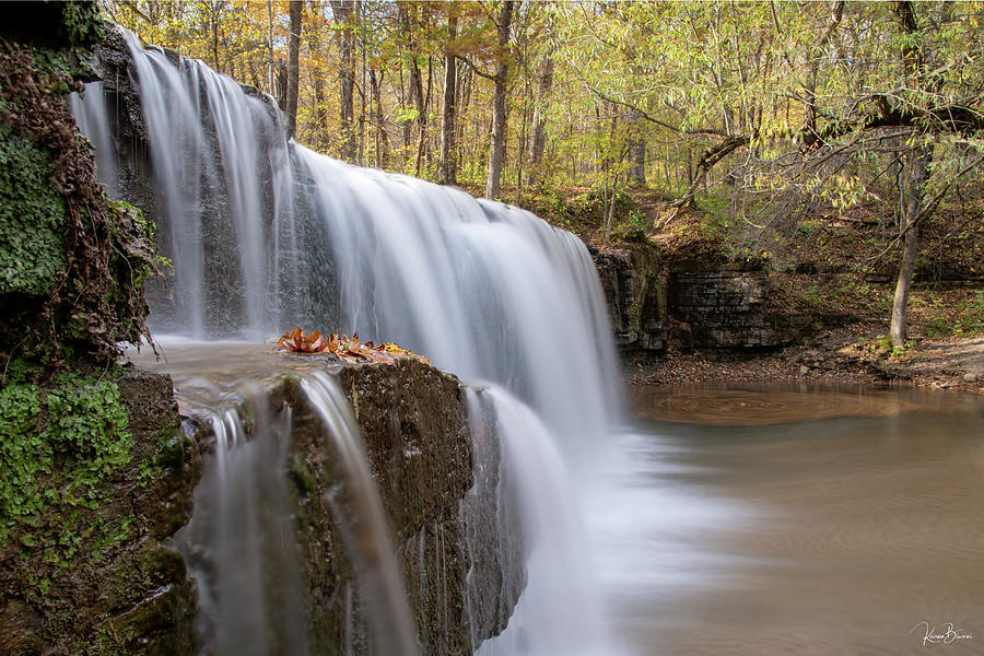 Hidden Falls with Leaves Signed Photograph by Karen Kelm