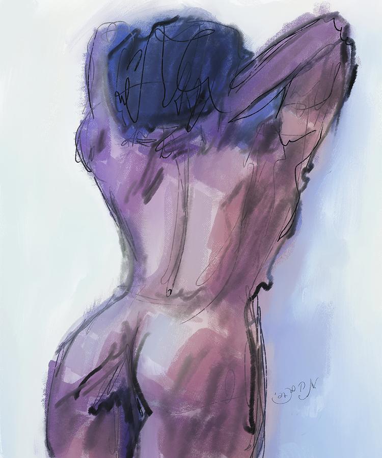 Hide and seek nude female figure propped against wall with arms up by face in purple and blue life Painting by Mendyz