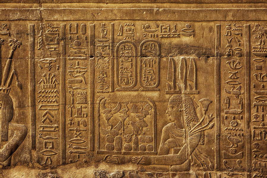 Hieroglyphic carvings in ancient temple Relief by Mikhail Kokhanchikov