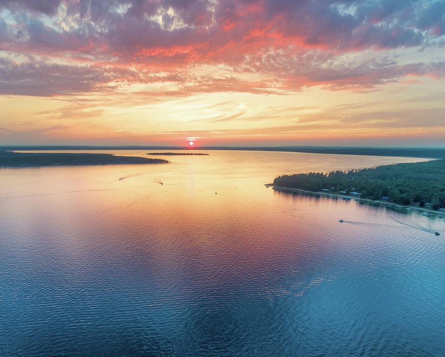 Higgins Lake Aerial July Sunset Photograph by Ron Wiltse - Fine Art America