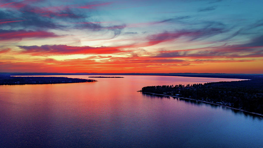 Higgins Lake Aerial Sunset Photograph by Ron Wiltse