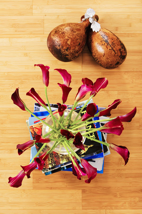 High angle view of flowers in a vase on a stack of books with dried gourds Photograph by Glowimages