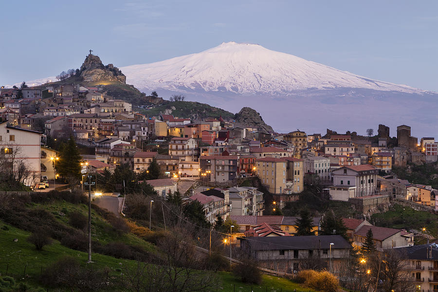 High angle view of Mt Etna over Cesaro cityscape, Messina, Sicily Photograph by Jeremy Woodhouse