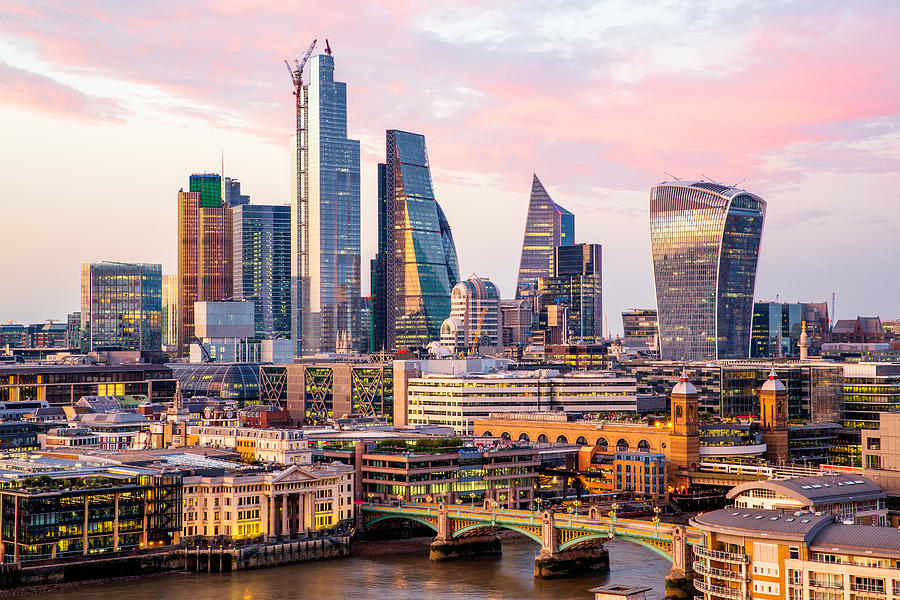 High angle view of skyscrapers in City of London at sunset, Endland, UK Photograph by Alexander Spatari