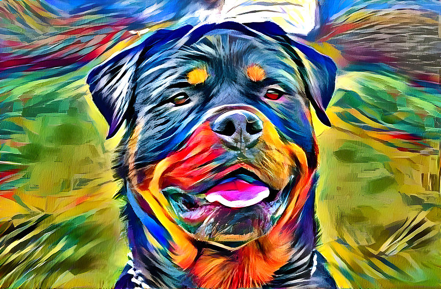 High contrast colorful Rottweiler dog portrait - digital painting Digital Art by Nicko Prints
