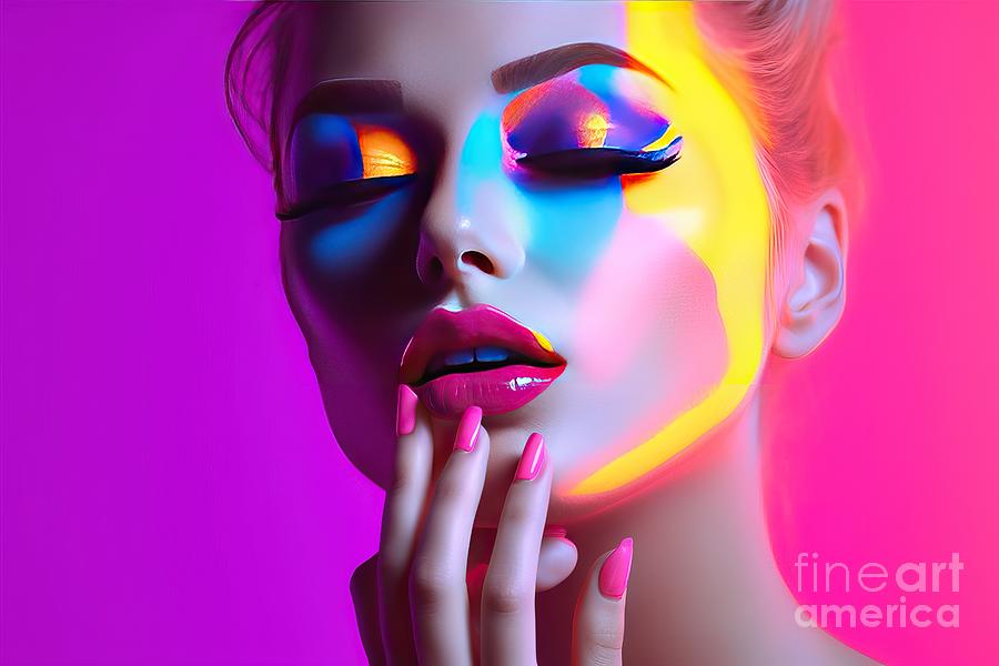 Portrait Painting - High Fashion Model Girl In Colorful Bright Uv Lights Posing In Studio Portrait Of Beautiful Woman With Trendy Make Up And Manicure Art Design Colorful Make Up Over Colourful Background by N Akkash
