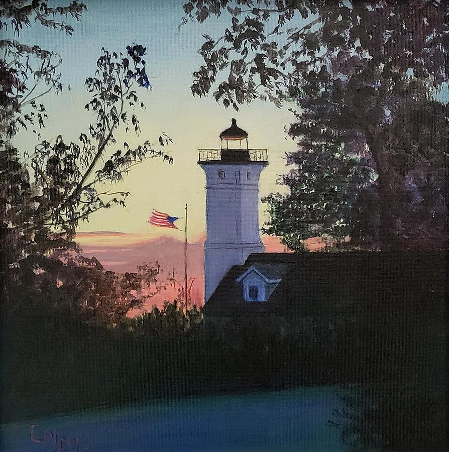 Landscape Painting - High Flying Flag at Stoney Point Lighthouse by Connie Plews