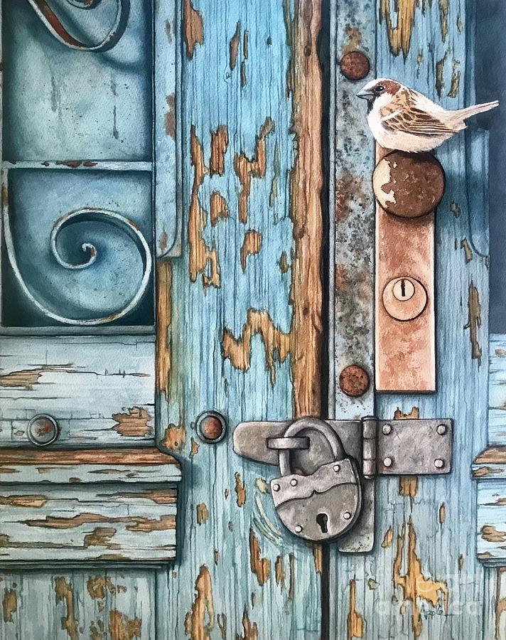 High Perch- Sparrow and old door painting Painting by Linda Apple