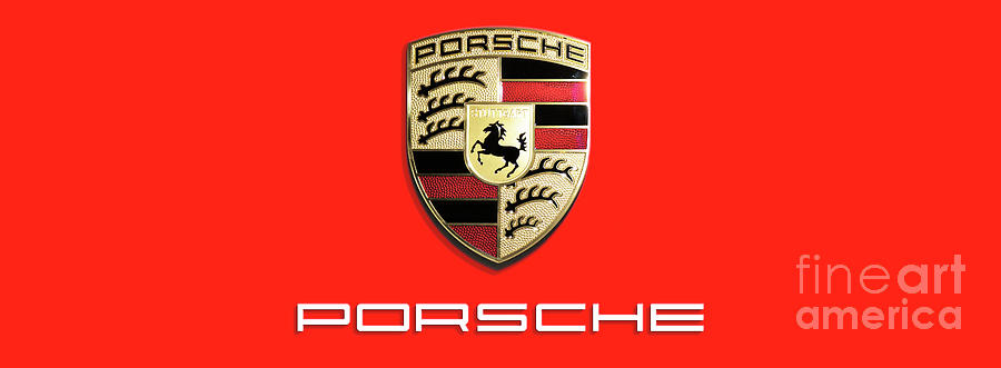 High Res Quality Porsche Logo - Hood Emblem Isolated on Colorful Red Background Photograph by Stefano Senise