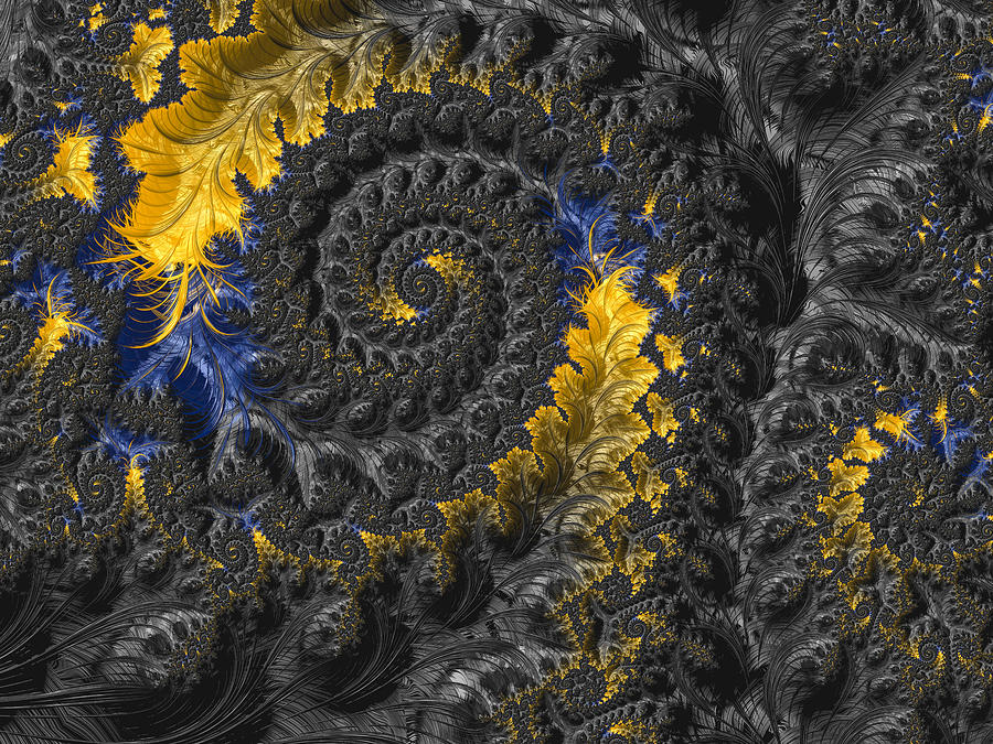 High resolution black, blue and yellow abstract fractal background. Photograph by Instants