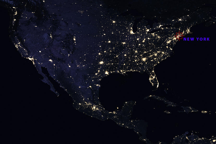 High Resolution Map Composition of USA at night pinpointing New